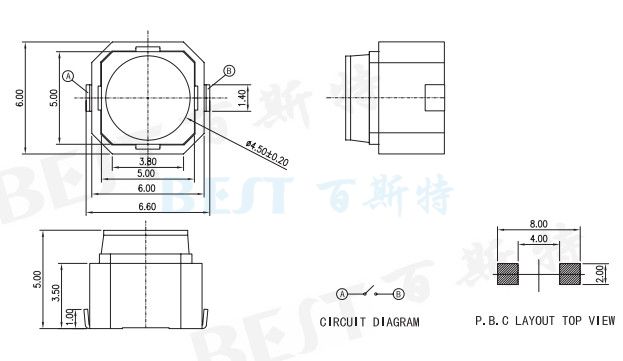 6x6 貼片輕觸開關TS-0603參考圖紙 6x6 貼片輕觸開關TS-0603參考圖紙